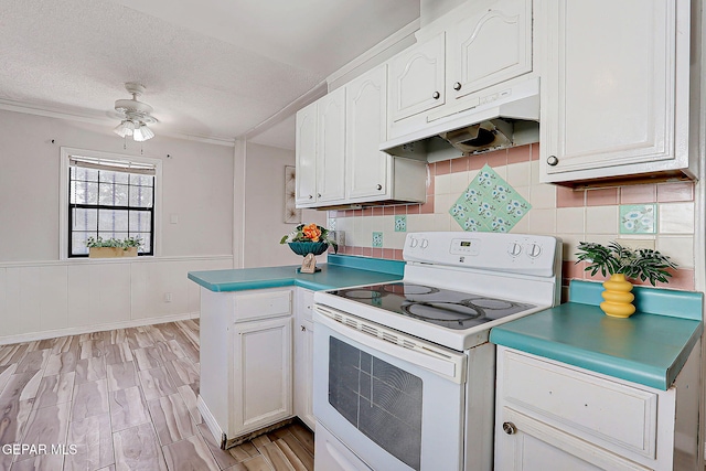4330 Frankfort Ave, El Paso, TX 79903 - kitchen featuring white electric range oven, under cabinet range hood, white cabinets, backsplash, and ceiling fan