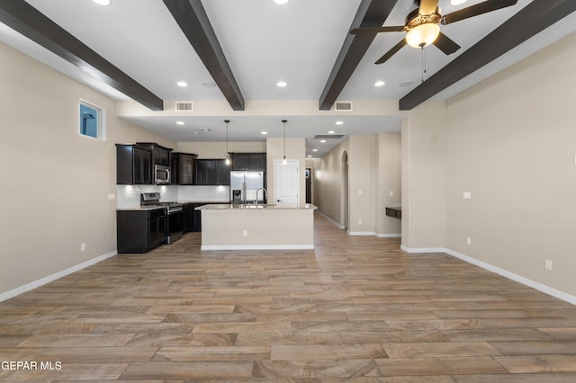13597 Gatton St, El Paso, TX 79928 - unfurnished living room with ceiling fan, light wood finished floors, beam ceiling, and recessed lighting