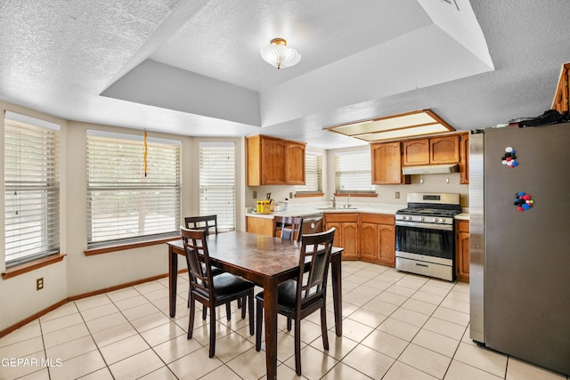 11960 Francis Scobee Dr, El Paso, TX 79936 - dining room with a textured ceiling, a tray ceiling, and light tile patterned floors