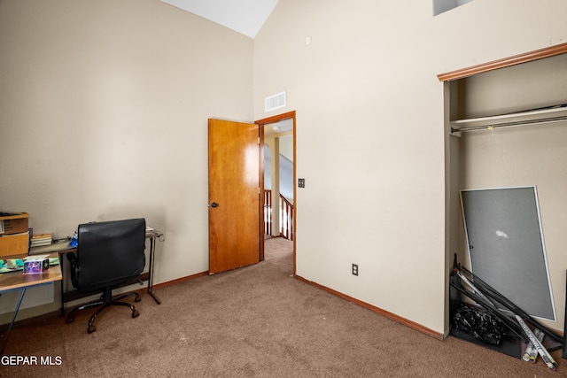 11960 Francis Scobee Dr, El Paso, TX 79936 - carpeted home office featuring high vaulted ceiling and baseboards