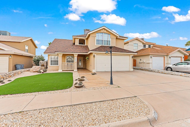 6133 Night Fall Pl, El Paso, TX 79932 - traditional-style house with stucco siding, driveway, a porch, an attached garage, and roof with shingles