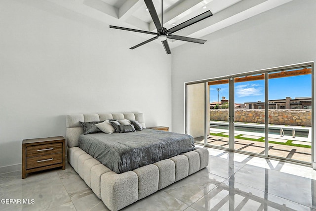 6325 Camino Pinon, El Paso, TX 79932 - bedroom with access to exterior, beamed ceiling, a towering ceiling, light marble finish flooring, and ceiling fan