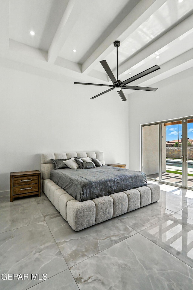 6325 Camino Pinon, El Paso, TX 79932 - bedroom with access to exterior, beam ceiling, recessed lighting, and a ceiling fan