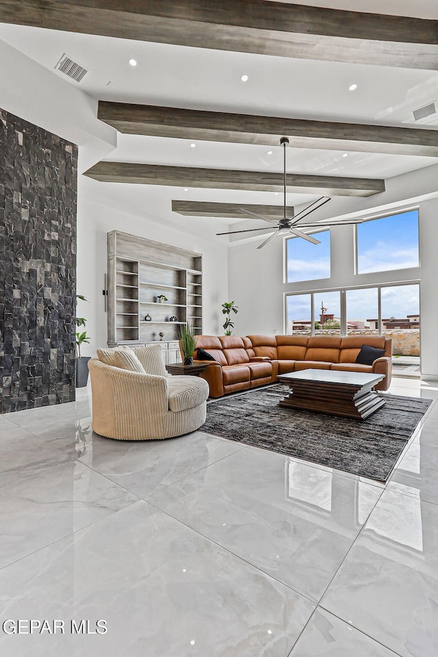 6325 Camino Pinon, El Paso, TX 79932 - living room featuring a ceiling fan, beamed ceiling, marble tiled flooring, and recessed lighting