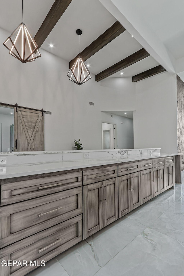 6325 Camino Pinon, El Paso, TX 79932 - bathroom featuring marble look tiles, beamed ceiling, vanity, and recessed lighting