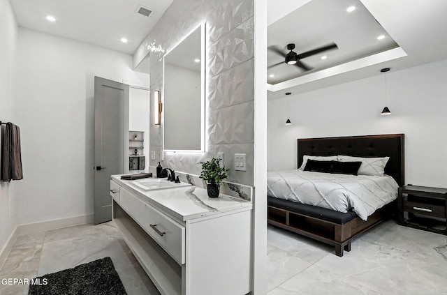 6325 Camino Pinon, El Paso, TX 79932 - bedroom with light marble finish floors and recessed lighting