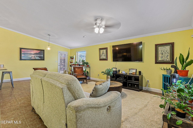 11652 Ochre Bluff Ln, El Paso, TX 79934 - living area with a ceiling fan, ornamental molding, and vaulted ceiling
