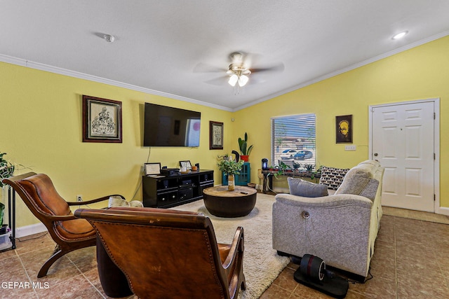 11652 Ochre Bluff Ln, El Paso, TX 79934 - living area with crown molding, ceiling fan, vaulted ceiling, and tile patterned flooring