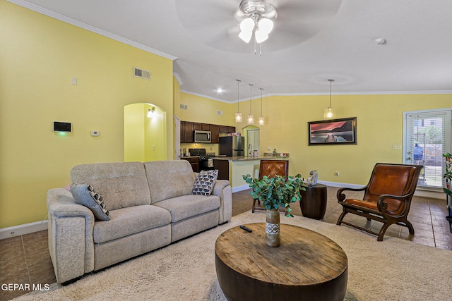 11652 Ochre Bluff Ln, El Paso, TX 79934 - living area featuring crown molding, tile patterned flooring, and ceiling fan