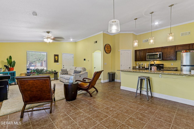 11652 Ochre Bluff Ln, El Paso, TX 79934 - living room featuring ornamental molding, a ceiling fan, dark tile patterned flooring, and high vaulted ceiling