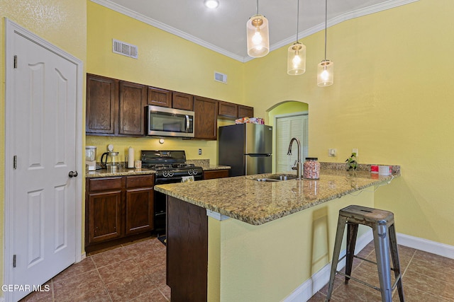 11652 Ochre Bluff Ln, El Paso, TX 79934 - kitchen with appliances with stainless steel finishes, crown molding, a high ceiling, a peninsula, and a breakfast bar area