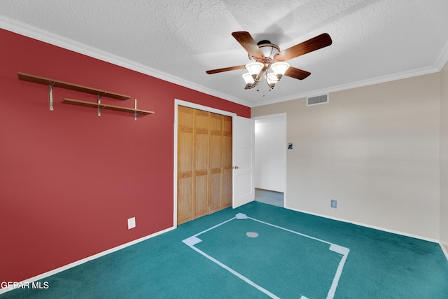 3313 Dublin Rd, El Paso, TX 79925 - unfurnished bedroom with crown molding, a textured ceiling, carpet flooring, a closet, and a ceiling fan