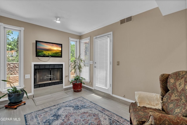 981 Vereda Del Valle Ave, El Paso, TX 79932 - living area featuring a fireplace, healthy amount of natural light, crown molding, wood finished floors, and ceiling fan