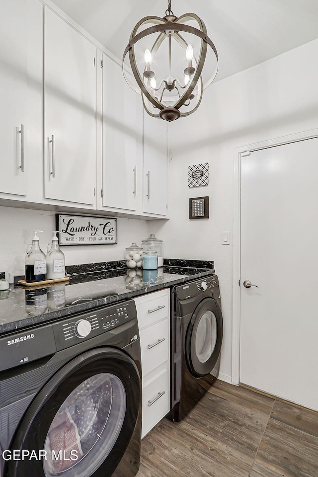 13847 Alamito Creek Ave, Clint, TX 79836 - washroom featuring independent washer and dryer, a chandelier, cabinet space, and wood finished floors