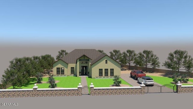 11831 Flor Tulipan, Socorro, TX 79927 - view of front facade with a fenced front yard, a gate, and stucco siding
