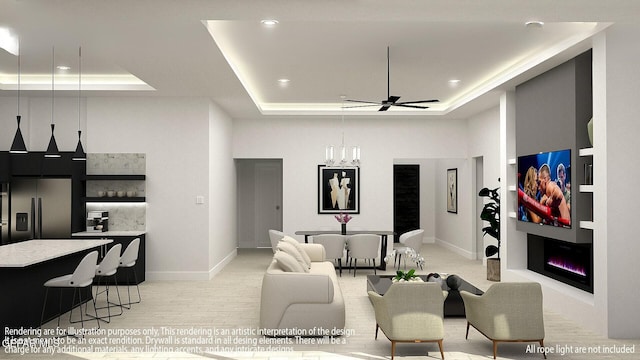 7376 Cimarron Rim Dr, El Paso, TX 79911 - living room featuring a raised ceiling, a chandelier, ceiling fan, and recessed lighting