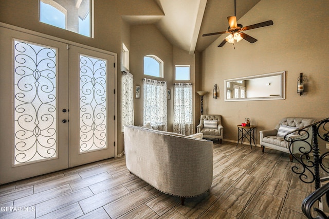 12616 Blazing Star Dr, El Paso, TX 79928 - foyer entrance featuring french doors, high vaulted ceiling, wood tiled floors, and ceiling fan