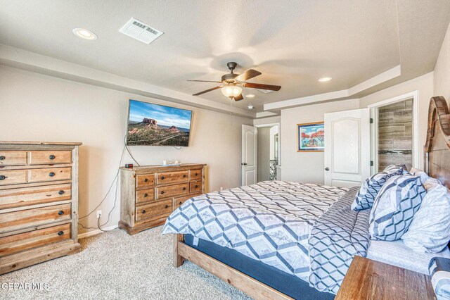 12616 Blazing Star Dr, El Paso, TX 79928 - bedroom with light carpet, ceiling fan, and recessed lighting