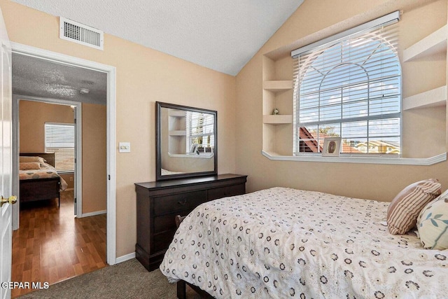 12232 Tierra Rosa Way, El Paso, TX 79938 - bedroom featuring lofted ceiling, multiple windows, a textured ceiling, and wood finished floors