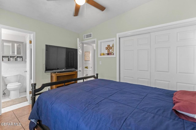 10636 Palomino St, El Paso, TX 79924 - bedroom featuring tile patterned flooring, a closet, ensuite bathroom, and a ceiling fan