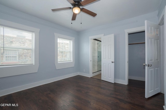 3411 Memphis Ave, El Paso, TX 79930 - unfurnished bedroom featuring dark wood-style flooring, a closet, ensuite bathroom, and ceiling fan