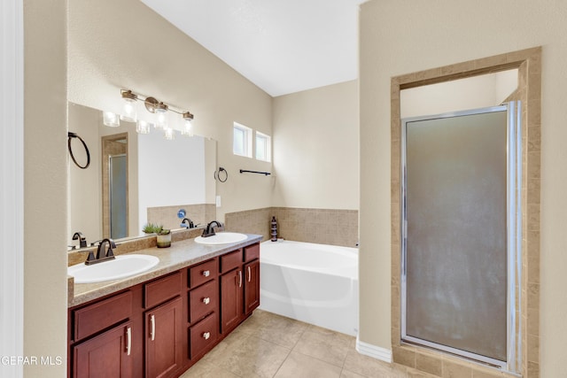 2937 Pino Triste Dr, El Paso, TX 79938 - full bath with a stall shower, double vanity, tile patterned floors, and a bath