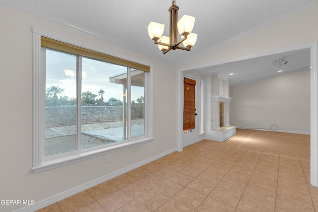 7308 Cerro Negro Dr, El Paso, TX 79912 - spare room with a chandelier, crown molding, lofted ceiling, a textured ceiling, and light tile patterned flooring