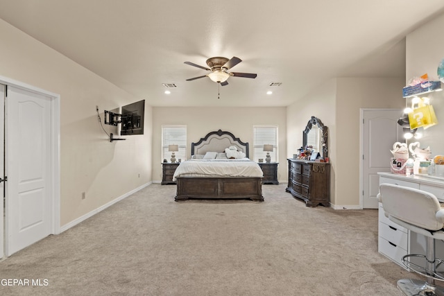 10728 Regina Dr, Socorro, TX 79927 - bedroom with light carpet, ceiling fan, and recessed lighting