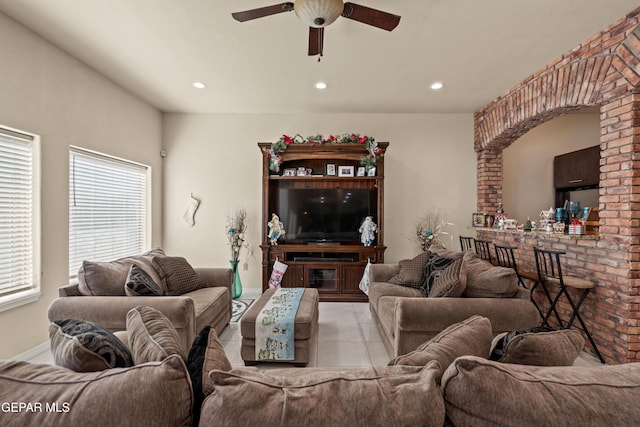 10728 Regina Dr, Socorro, TX 79927 - living room with ceiling fan, recessed lighting, and light tile patterned floors