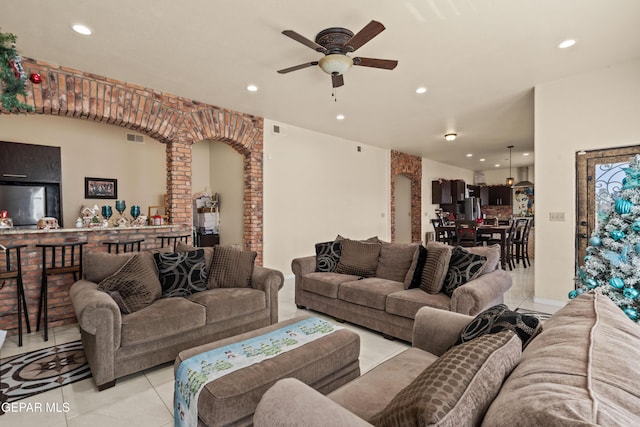 10728 Regina Dr, Socorro, TX 79927 - living area featuring light tile patterned floors, a ceiling fan, and recessed lighting