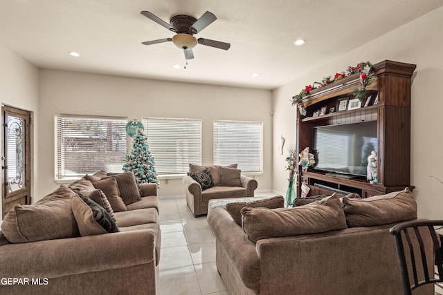 10728 Regina Dr, Socorro, TX 79927 - living area with a ceiling fan, recessed lighting, and light tile patterned floors