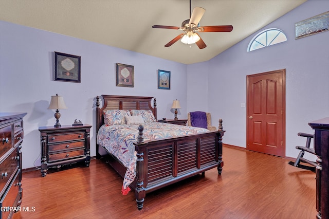 12249 Holy Springs Ct, El Paso, TX 79928 - bedroom with wood finished floors, vaulted ceiling, and ceiling fan