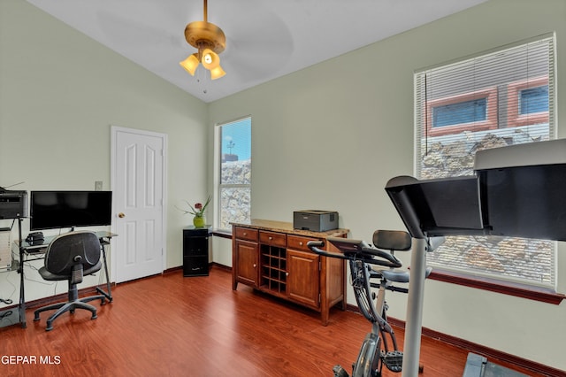 12249 Holy Springs Ct, El Paso, TX 79928 - home office featuring dark wood-type flooring, ceiling fan, and lofted ceiling