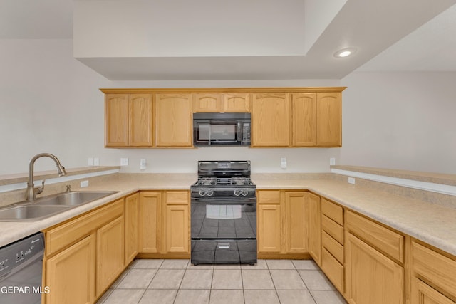 787 Maxey Marie Dr, El Paso, TX 79932 - kitchen with black appliances, light brown cabinetry, light tile patterned floors, light countertops, and recessed lighting