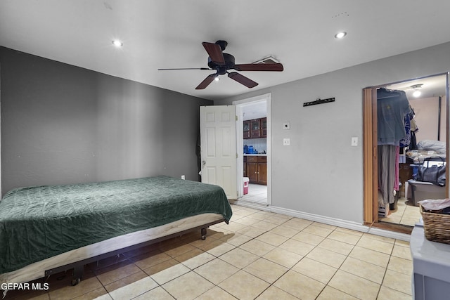 204 Ruth St, Anthony, NM 88021 - bedroom featuring light tile patterned floors, a walk in closet, recessed lighting, and a ceiling fan