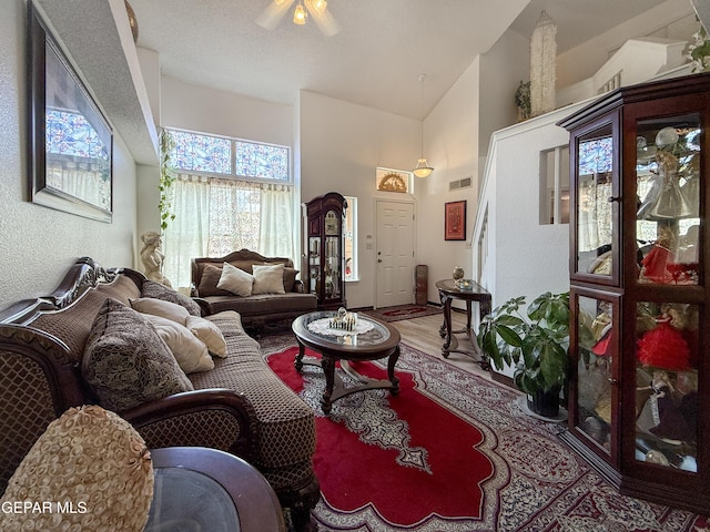 14177 Spanish Point Dr, El Paso, TX 79938 - living room featuring high vaulted ceiling, wood finished floors, and a textured wall