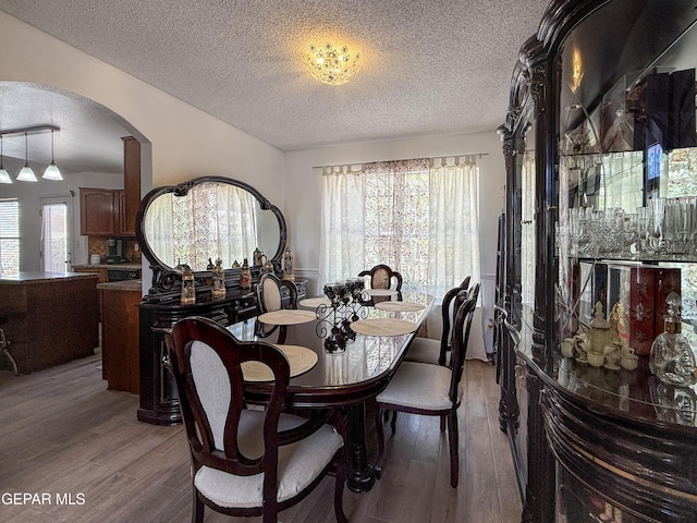 14177 Spanish Point Dr, El Paso, TX 79938 - dining area featuring wood finished floors, arched walkways, plenty of natural light, and a textured ceiling