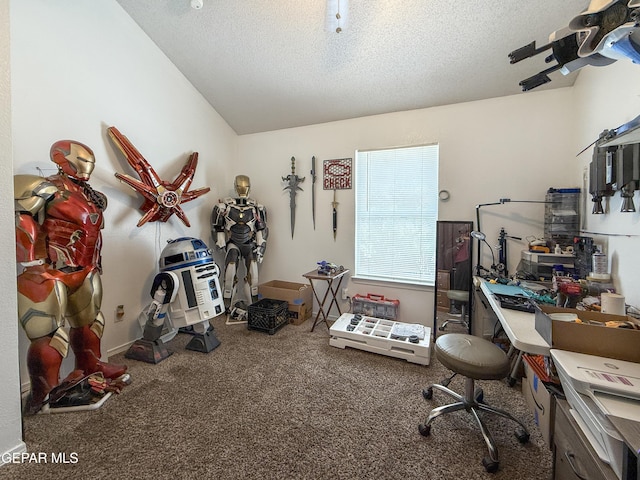 14177 Spanish Point Dr, El Paso, TX 79938 - home office featuring carpet floors, a textured ceiling, and vaulted ceiling