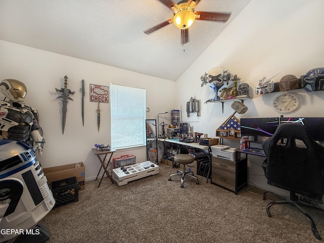 14177 Spanish Point Dr, El Paso, TX 79938 - home office featuring carpet, lofted ceiling, a ceiling fan, and a textured ceiling