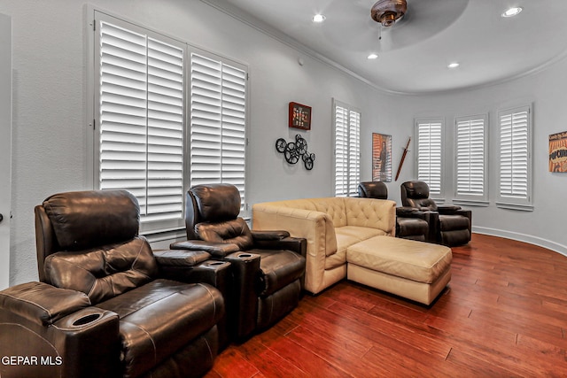 6528 Calle Placido Dr, El Paso, TX 79912 - living room featuring dark wood finished floors, ceiling fan, recessed lighting, and crown molding