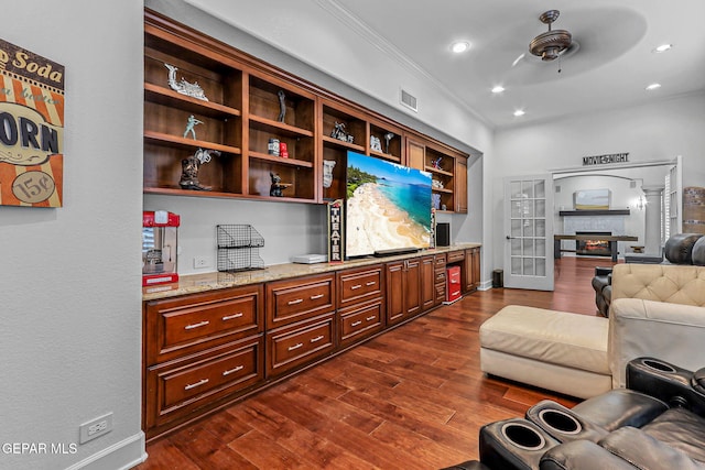 6528 Calle Placido Dr, El Paso, TX 79912 - living room with ornamental molding, dark wood finished floors, a ceiling fan, and recessed lighting