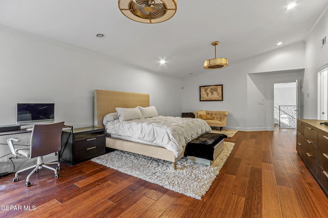 6528 Calle Placido Dr, El Paso, TX 79912 - bedroom featuring dark wood-type flooring, lofted ceiling, crown molding, and recessed lighting