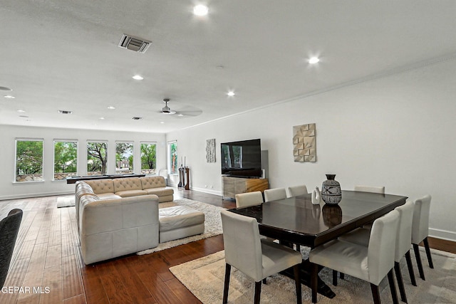 6528 Calle Placido Dr, El Paso, TX 79912 - dining space with recessed lighting, hardwood / wood-style flooring, a ceiling fan, and crown molding