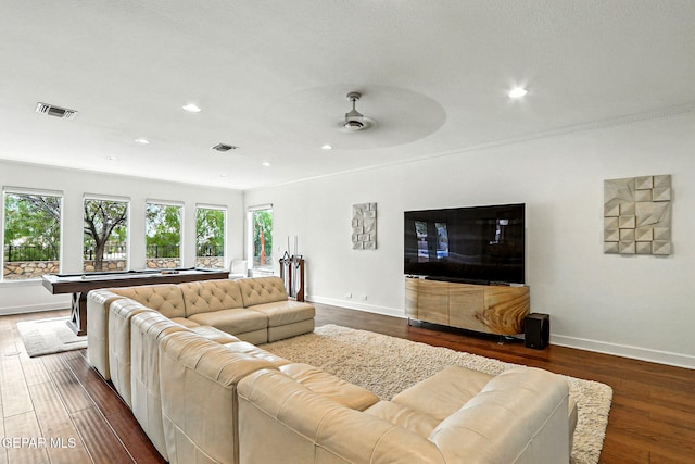 6528 Calle Placido Dr, El Paso, TX 79912 - living area featuring dark wood-style floors, recessed lighting, a ceiling fan, ornamental molding, and pool table