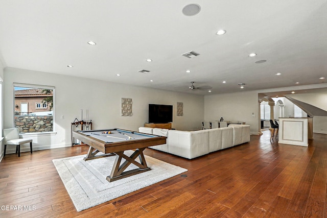 6528 Calle Placido Dr, El Paso, TX 79912 - rec room with billiards, recessed lighting, wood finished floors, decorative columns, and a ceiling fan