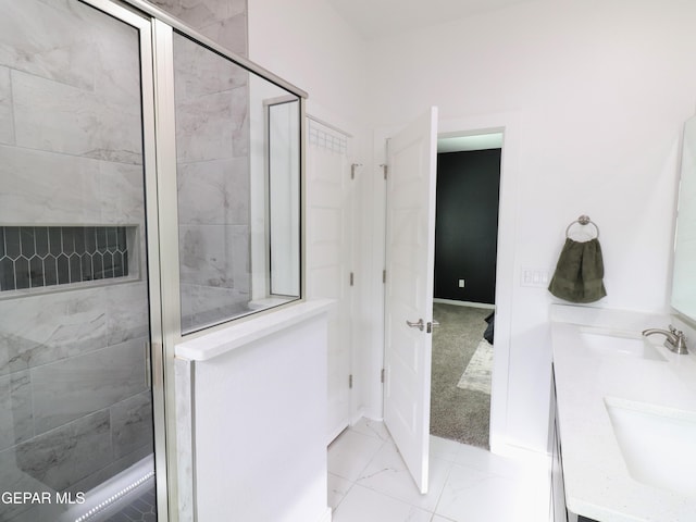 480 Deserts Dr, Socorro, TX 79927 - bathroom with a stall shower, double vanity, and marble look tile flooring