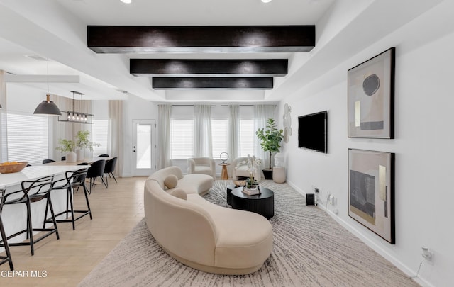 141 Bonnie Trl, Sunland Park, NM 88063 - living room with beam ceiling, light wood-type flooring, and recessed lighting