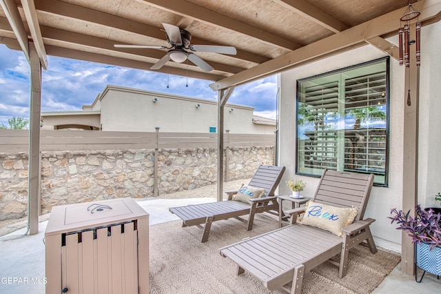 5705 Valley Lilac Ln, El Paso, TX 79932 - fenced backyard featuring ceiling fan and a patio
