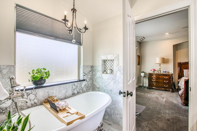 5705 Valley Lilac Ln, El Paso, TX 79932 - bathroom with a freestanding tub, a chandelier, tile walls, and lofted ceiling