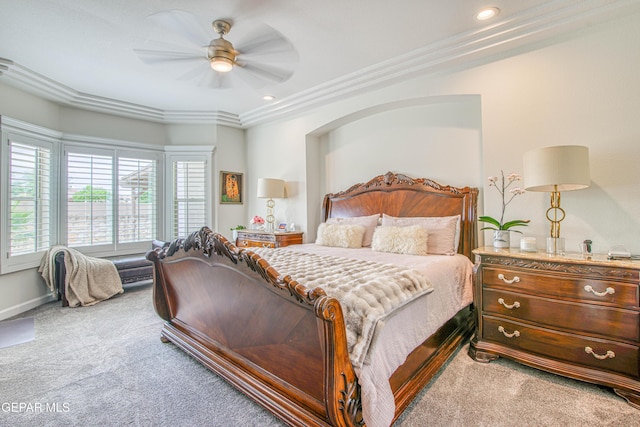 5705 Valley Lilac Ln, El Paso, TX 79932 - bedroom featuring carpet flooring, a ceiling fan, crown molding, and recessed lighting